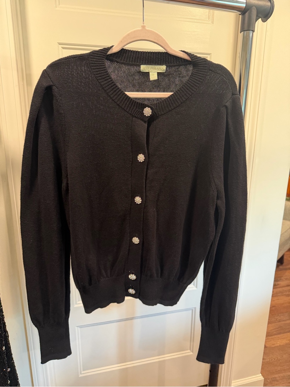 Ryegrass Cotton and Cashmere Black Rhinestone Button Knit Cardigan
